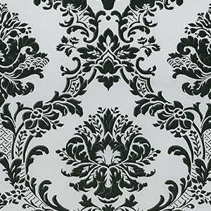 light reflective in-register damask in silver and black wallcovering