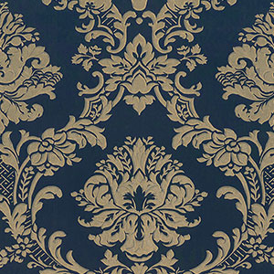 light reflective in-register damask in navy and gold wallcovering