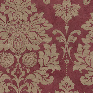 light reflective in-register damask in raspberry and gold wallcovering