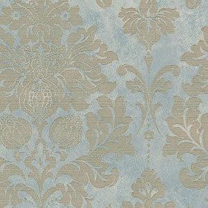 light reflective in-register damask in blue beige and gold wallcovering