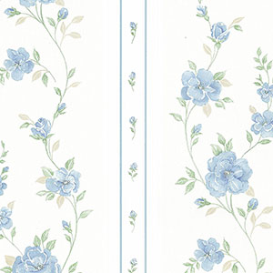 light reflective in-register floral stripe blue and white wallcovering